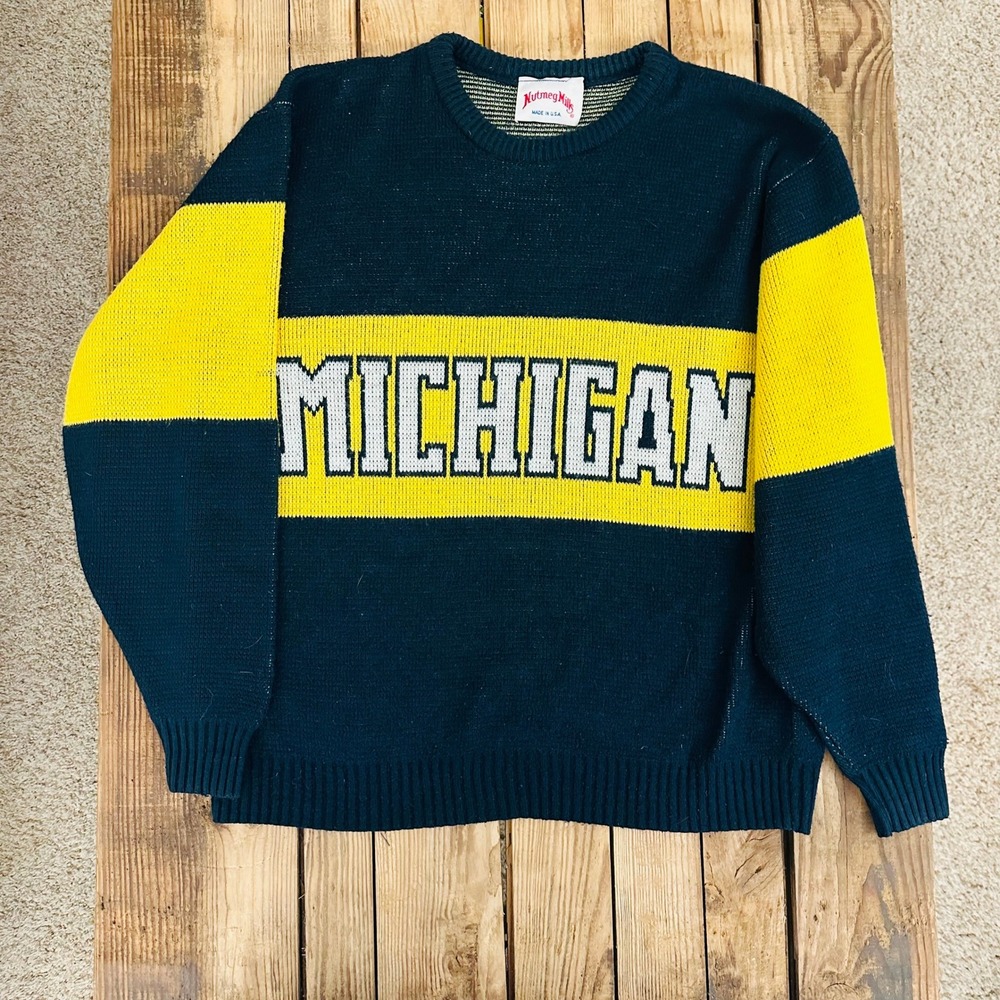 Vintage Nutmeg‎ Mills Michigan Wolverines Sweater Navy Blue Yellow Made in USA
